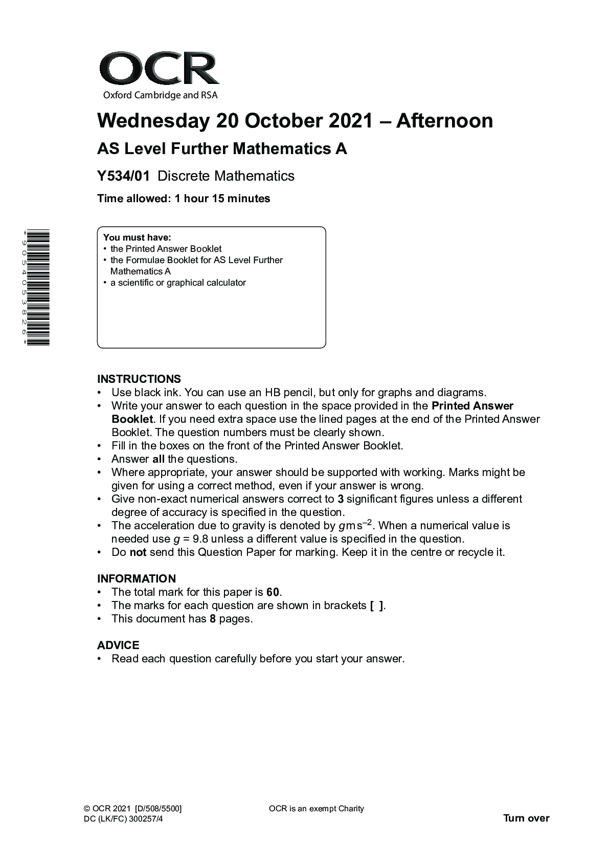 Preview image for Further Mathematics A Y534/01: Discrete Mathematics Advanced Subsidiary GCE QUESTION PAPER for Autumn 2021